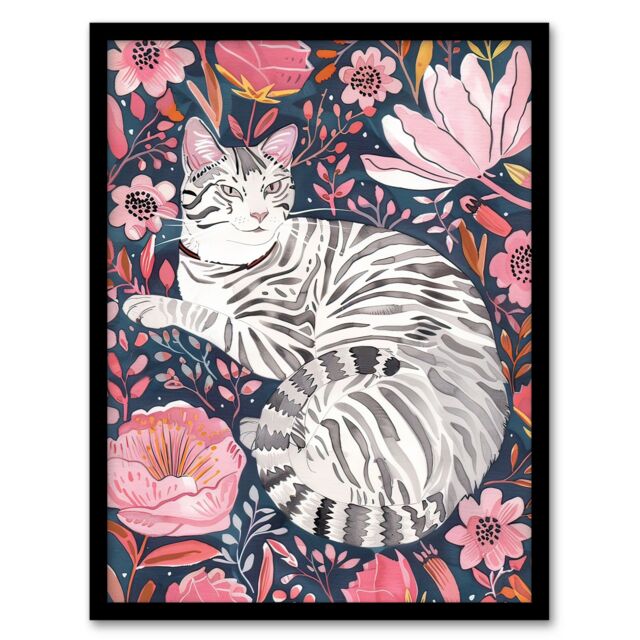 "Artery8 Striped Cat Laying in Pink Wildflowers Watercolour Framed Wall Art - Size: W12"" x H16""" - image 1