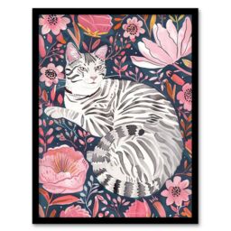 "Artery8 Striped Cat Laying in Pink Wildflowers Watercolour Framed Wall Art - Size: W12"" x H16""" - thumbnail 1