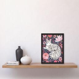"Artery8 Striped Cat Laying in Pink Wildflowers Watercolour Framed Wall Art - Size: W12"" x H16""" - thumbnail 4