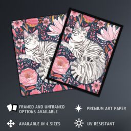 "Artery8 Striped Cat Laying in Pink Wildflowers Watercolour Framed Wall Art - Size: W12"" x H16""" - thumbnail 2