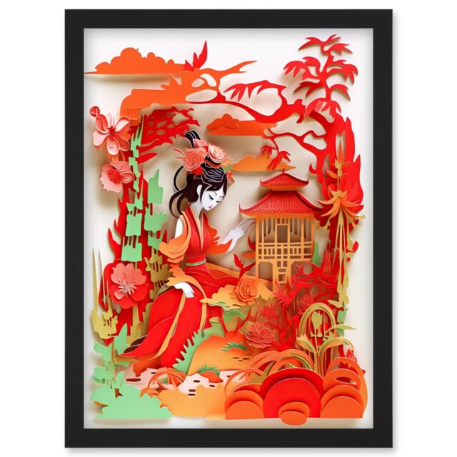 Artery8 Woman by Red Temple Garden Kirigami Collage Artwork Framed Wall Art Print A4 in Black - image 1