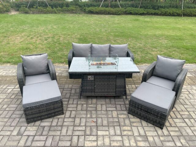 Fimous Rattan Outdoor Garden Furniture Sofa Set Gas Fire Pit Dining Table Gas Heater with 2 Big Footstool Dark Grey Mixed - image 1