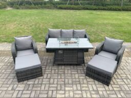 Fimous Rattan Outdoor Garden Furniture Sofa Set Gas Fire Pit Dining Table Gas Heater with 2 Big Footstool Dark Grey Mixed - thumbnail 1