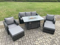 Fimous Rattan Outdoor Garden Furniture Sofa Set Gas Fire Pit Dining Table Gas Heater with 2 Big Footstool Dark Grey Mixed - thumbnail 3