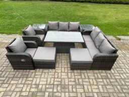Fimous Rattan Outdoor Garden Furniture Sets Rising lifting Dining Table Reclining Chair Sofa Set with 2 Side Tables 2 Big Footstools in Dark Grey - thumbnail 2