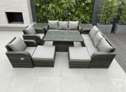 Fimous Rattan Outdoor Garden Furniture Sets Rising lifting Dining Table Reclining Chair Sofa Set with 2 Side Tables 2 Big Footstools in Dark Grey - thumbnail 1