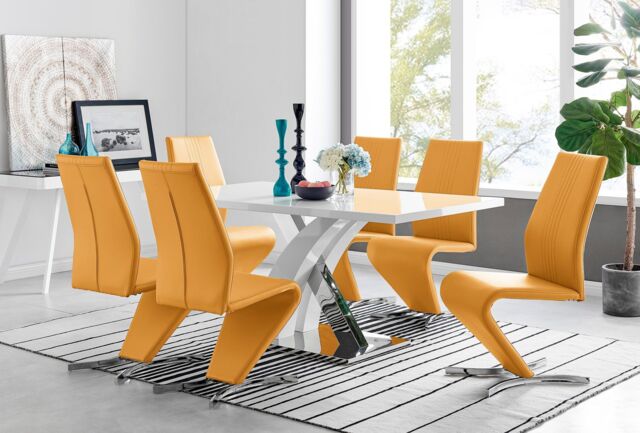 FurnitureboxUK Atlanta Modern Rectangle Chrome Metal High Gloss White Dining Table & 6 Willow Chairs Set in Mustard - image 1