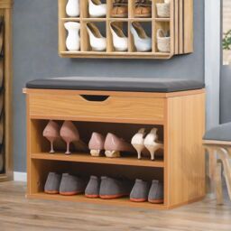 Rafaelo Mobilia Wooden Shoe Storage Bench With Cushioned Seat 60CM in Light Tan - thumbnail 4