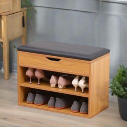 Rafaelo Mobilia Wooden Shoe Storage Bench With Cushioned Seat 60CM in Light Tan