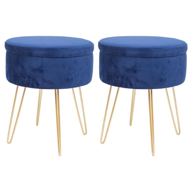 Harbour Housewares Round Velvet Storage Footstools - H45 x D36cm - Gold Legs - Pack of 2 in Blue - image 1