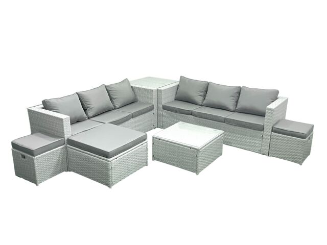 Fimous Rattan Garden Outdoor Furniture Set 9 Seater Rattan Garden Sofa Set with 3 Footstools Side Table Light Grey Mixed - image 1