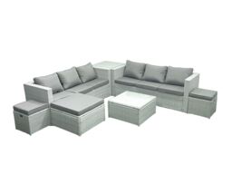 Fimous Rattan Garden Outdoor Furniture Set 9 Seater Rattan Garden Sofa Set with 3 Footstools Side Table Light Grey Mixed - thumbnail 2