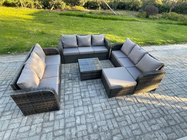 Fimous Patio Garden Furniture Sets Wicker 10 Seater Outdoor Rattan Furniture Sofa Sets with Square Coffee Table Big Footstool in Dark Grey - image 1