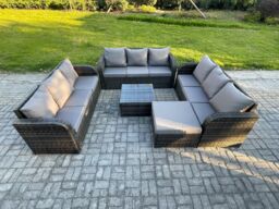 Fimous Patio Garden Furniture Sets Wicker 10 Seater Outdoor Rattan Furniture Sofa Sets with Square Coffee Table Big Footstool in Dark Grey - thumbnail 2