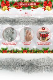 Neel Blue Christmas Tinsel Garland Shiny Metallic Fine Foil Xmas Tree Garland, 2m in Silver - thumbnail 2
