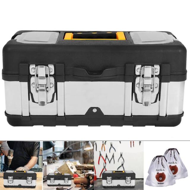 Hinsinc Stainless Steel Tool Box Chest Storage Case-Removable Tray Gift-Heavy Duty PP in Black - image 1