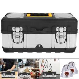 Hinsinc Stainless Steel Tool Box Chest Storage Case-Removable Tray Gift-Heavy Duty PP in Black