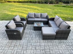 Fimous High Back Rattan Garden Furniture Set with Square Coffee Table Big Footstool Indoor Outdoor Patio Lounge Sofa Set Dark Grey Mixed - thumbnail 2