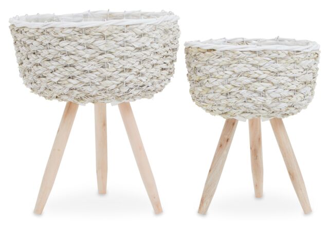 Orsina Set of 2 White Planters, Woven White Pots With Wooden Legs, White Plant Containers With Inner Lining - image 1