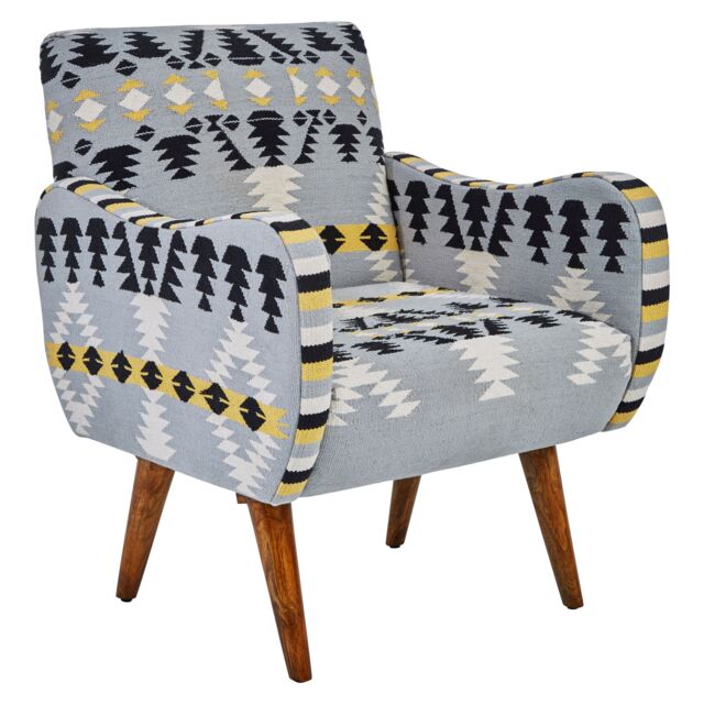 Orsina Kilim Style Armchair, Multicoloured Geometric Pattern Upholstered Chair, Mango Wood Frame & Legs - image 1