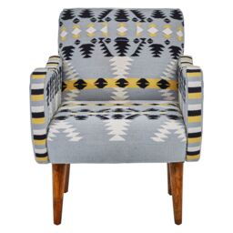 Orsina Kilim Style Armchair, Multicoloured Geometric Pattern Upholstered Chair, Mango Wood Frame & Legs - thumbnail 5