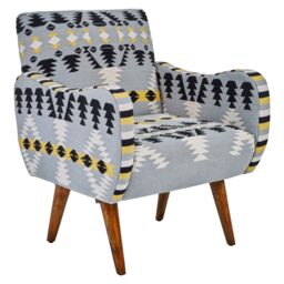 Orsina Kilim Style Armchair, Multicoloured Geometric Pattern Upholstered Chair, Mango Wood Frame & Legs