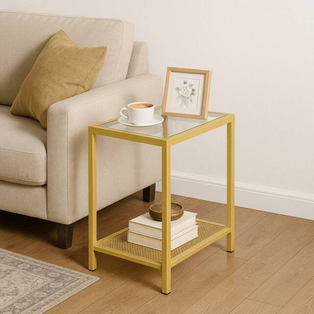 Storvo Small Glass Coffee Side Table with Metal Mesh Shelf in Gold - image 1