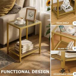 Storvo Small Glass Coffee Side Table with Metal Mesh Shelf in Gold - thumbnail 6