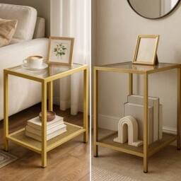 Storvo Small Glass Coffee Side Table with Metal Mesh Shelf in Gold - thumbnail 4