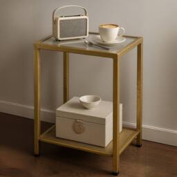 Storvo Small Glass Coffee Side Table with Metal Mesh Shelf in Gold - thumbnail 3