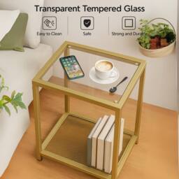 Storvo Small Glass Coffee Side Table with Metal Mesh Shelf in Gold - thumbnail 8