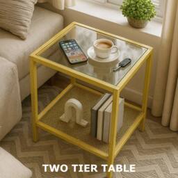 Storvo Small Glass Coffee Side Table with Metal Mesh Shelf in Gold - thumbnail 9