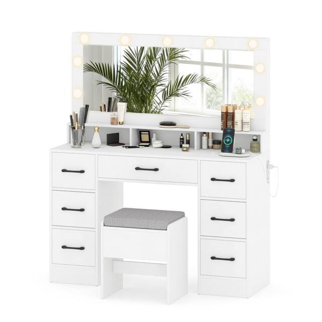 Costway Vanity Desk with Mirror & Lights Makeup Table with 7 Drawers in White - image 1