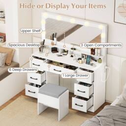 Costway Vanity Desk with Mirror & Lights Makeup Table with 7 Drawers in White - thumbnail 7