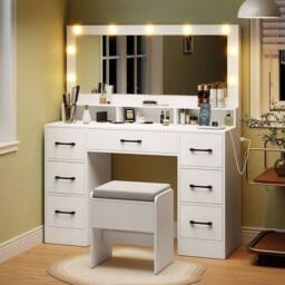 Costway Vanity Desk with Mirror & Lights Makeup Table with 7 Drawers in White - thumbnail 5