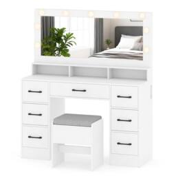 Costway Vanity Desk with Mirror & Lights Makeup Table with 7 Drawers in White - thumbnail 2