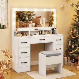 Costway Vanity Desk with Mirror & Lights Makeup Table with 7 Drawers in White - thumbnail 4