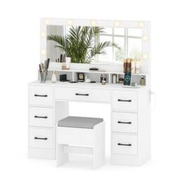 Costway Vanity Desk with Mirror & Lights Makeup Table with 7 Drawers in White - thumbnail 1
