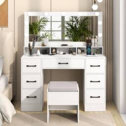 Costway Vanity Desk with Mirror & Lights Makeup Table with 7 Drawers in White - thumbnail 3