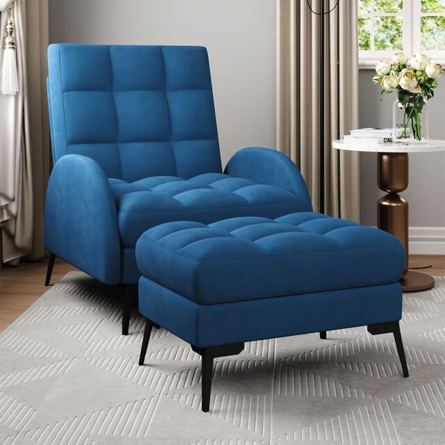 H&O Direct Modern Recliner Lounge Set with Ottoman & Sleek Metal Base in Blue - image 1