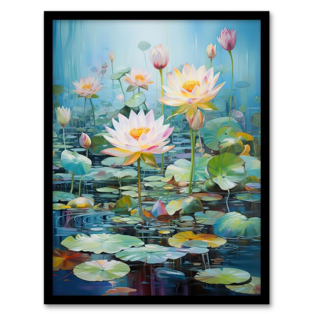 Artery8 Wall Art Print Dreamy Lotus Pond Blooming Water Lily Flowers Framed Art Picture in Blue - Size: A4 - image 1