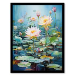 Artery8 Wall Art Print Dreamy Lotus Pond Blooming Water Lily Flowers Framed Art Picture in Blue - Size: A4 - thumbnail 1