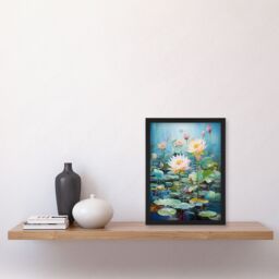 Artery8 Wall Art Print Dreamy Lotus Pond Blooming Water Lily Flowers Framed Art Picture in Blue - Size: A4 - thumbnail 4