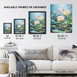 Artery8 Wall Art Print Dreamy Lotus Pond Blooming Water Lily Flowers Framed Art Picture in Blue - Size: A4 - thumbnail 3