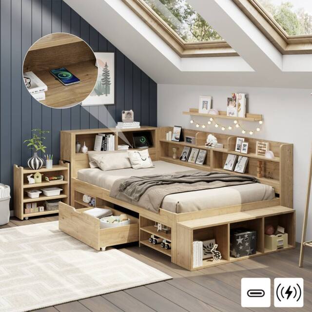 BTM multifunctional children's bed with drawers bookcase storage cupboard in Natural - Size: Single - image 1