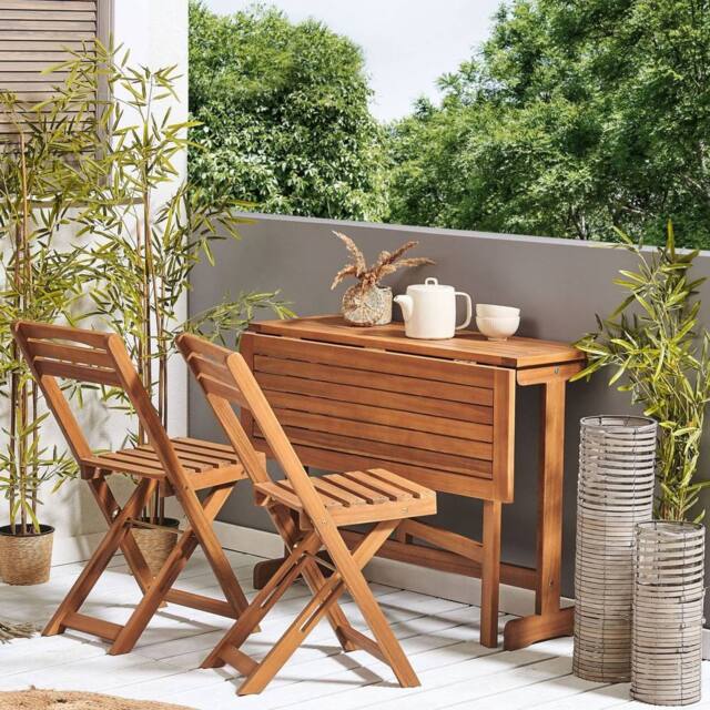 Wyld and Coco Acacia Wood Bistro Set Extending Drop Leaf Table Two Folding in Brown - image 1