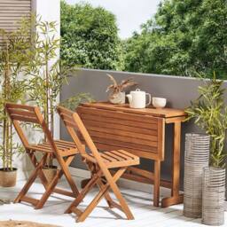 Wyld and Coco Acacia Wood Bistro Set Extending Drop Leaf Table Two Folding in Brown