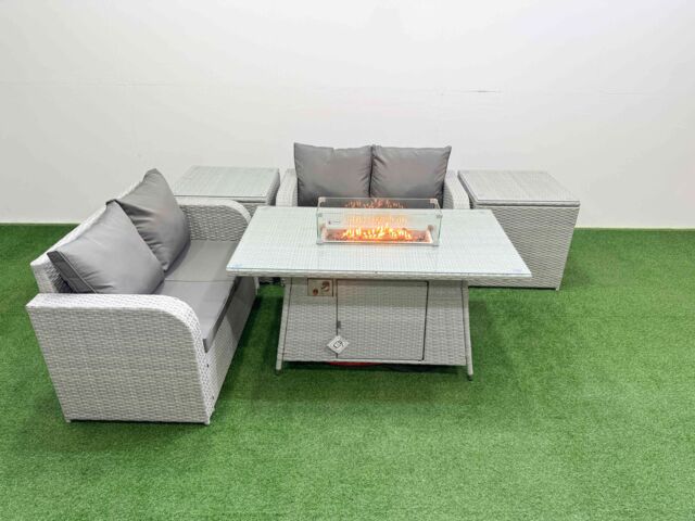 Fimous 4 Seater Outdoor Love Sofa Set Rattan Garden Furniture Set with Firepit Dining Table 2 Side Tables Light Grey - image 1