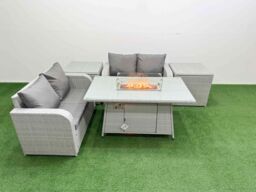 Fimous 4 Seater Outdoor Love Sofa Set Rattan Garden Furniture Set with Firepit Dining Table 2 Side Tables Light Grey - thumbnail 1