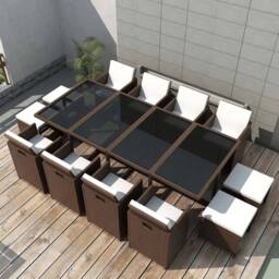 Berkfield Home 13 Piece Outdoor Dining Set with Cushions Poly Rattan Brown - thumbnail 2